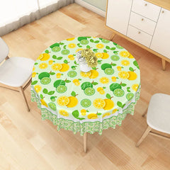 Aperturee - Aperturee Yellow Lemon and Green Lime Pattern Round Tablecloth Fresh Citrus Fruit Kitchen Decor