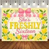 Aperturee - Aperturee Yellow Lemon Freshly Sixteen Birthday Backdrop with Pink Bows and Striped Awning Sweet 16 Party Decor