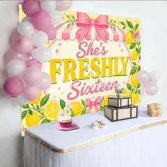 Aperturee - Aperturee Yellow Lemon Freshly Sixteen Birthday Backdrop with Pink Bows and Striped Awning Sweet 16 Party Decor