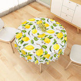 Aperturee - Aperturee Yellow Lemon Round Tablecloth Fresh Fruit and Green Leaves Summer Kitchen Dining Decor