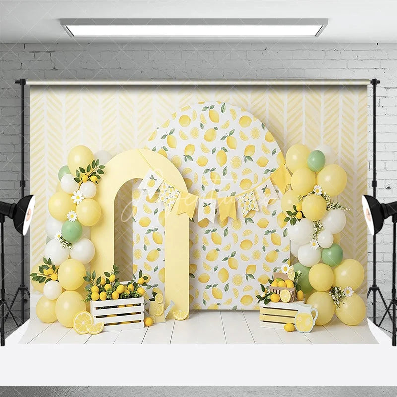 Aperturee - Aperturee Yellow Lemon Theme Photography Backdrop with Arch Props and Balloon Garland for Baby Shower or Birthday