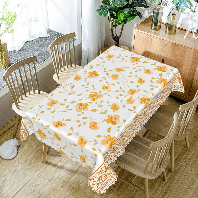 Aperturee - Aperturee Yellow Orange Poppy Floral Rectangle Tablecloth Bright Spring Flower White Background Garden Party Dining Table Cover
