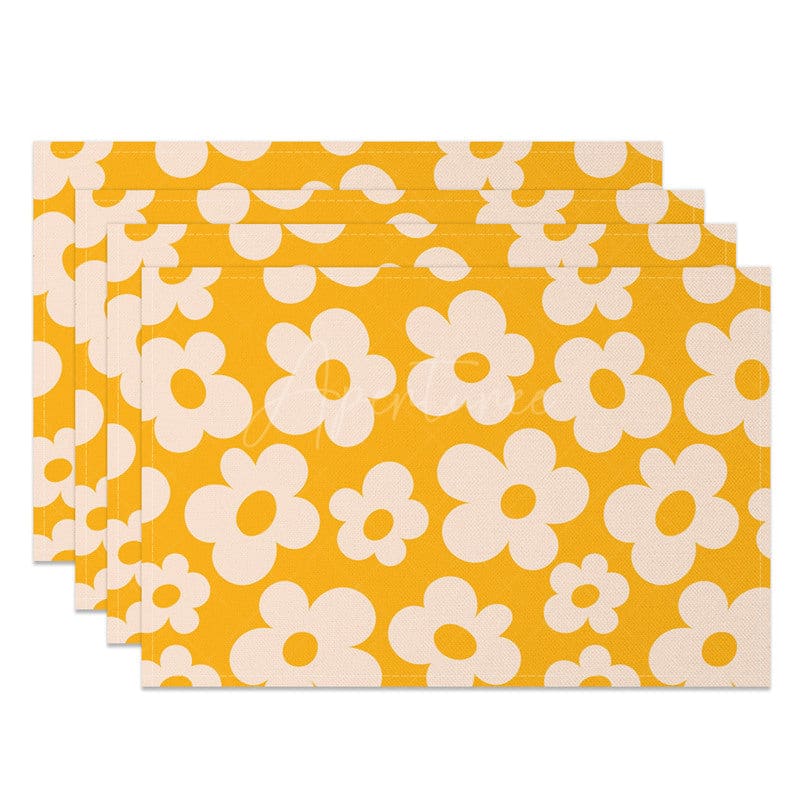 Aperturee - Aperturee Yellow Pink Daisy Floral Dining Set of 4 Placemats