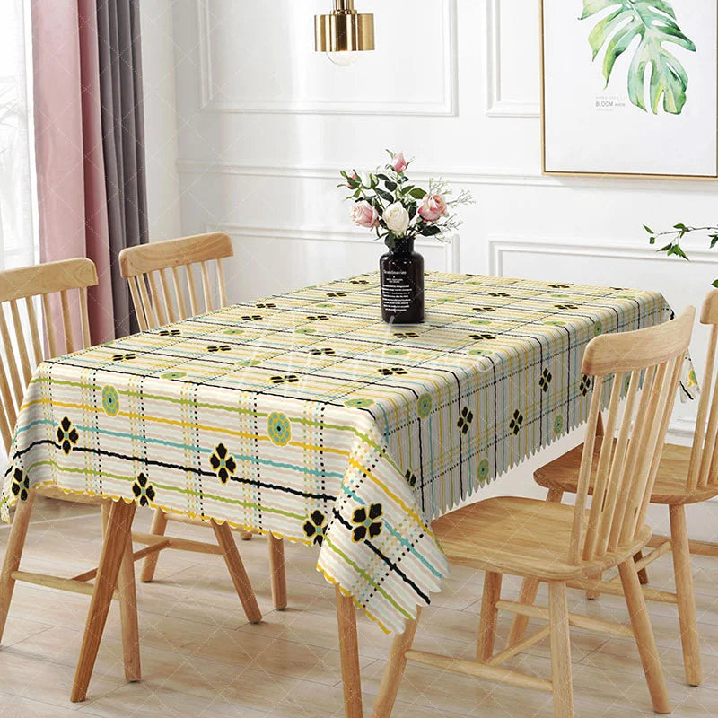 Aperturee - Aperturee Yellow Plaid Floral Rectangle Tablecloth Green Checkered Flower Pattern Cover Country Picnic Dining Decor