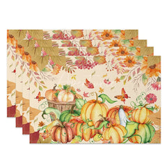 Aperturee - Aperturee Yellow Pumpkin with Butterfly and Floral Set of 4 Placemats for Fall Autumn and Thanksgiving Decor
