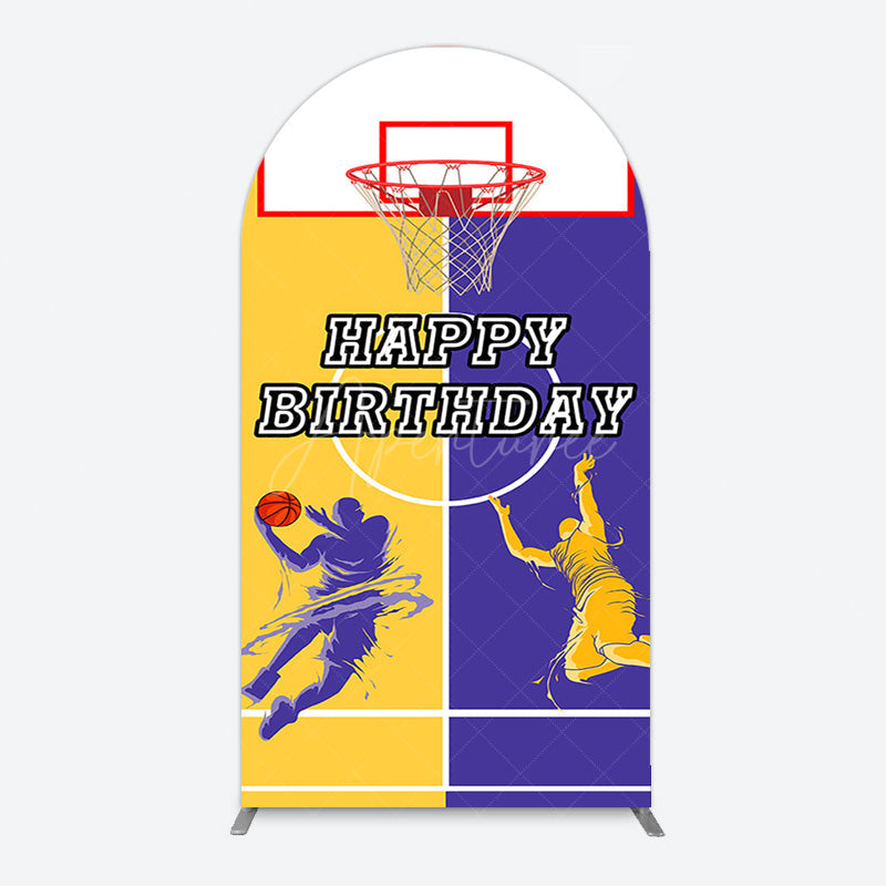 Aperturee - Aperturee Yellow Purple Basketball Field Birthday Arch Backdrop