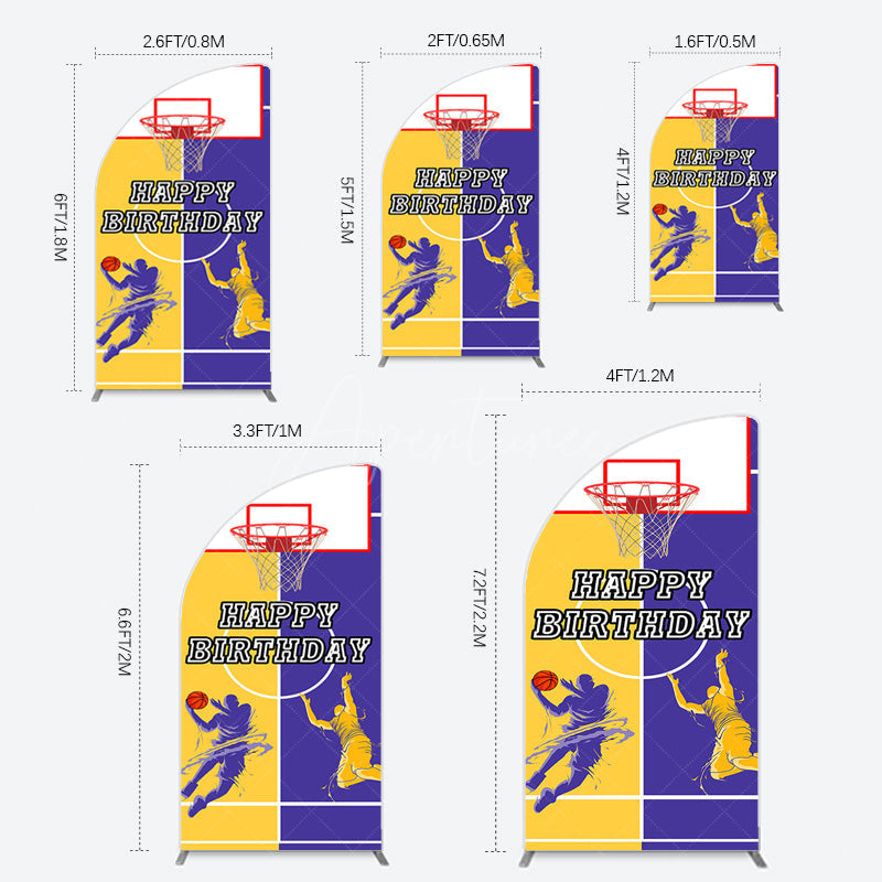 Aperturee - Aperturee Yellow Purple Basketball Field Birthday Half Moon Arch Backdrop