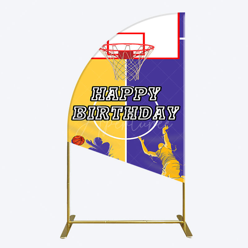 Aperturee - Aperturee Yellow Purple Basketball Field Birthday Half Moon Arch Backdrop
