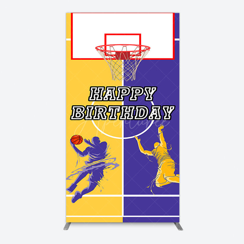 Aperturee - Aperturee Yellow Purple Basketball Field Birthday Rectangle Backdrop