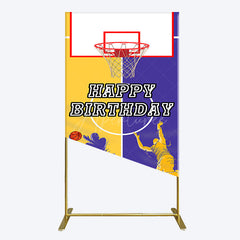Aperturee - Aperturee Yellow Purple Basketball Field Birthday Rectangle Backdrop