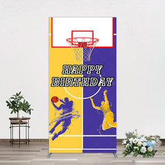 Aperturee - Aperturee Yellow Purple Basketball Field Birthday Rectangle Backdrop