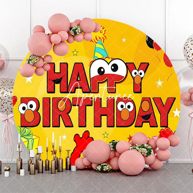 Aperturee - Aperturee Yellow Round Birthday Backdrop with Red Cartoon Monster Character Eyes Happy Birthday Party Photo Banner