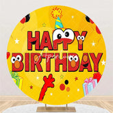 Aperturee - Aperturee Yellow Round Birthday Backdrop with Red Cartoon Monster Character Eyes Happy Birthday Party Photo Banner
