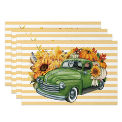 Aperturee - Aperturee Yellow Stripe Truck with Pumpkins Set of 4 Placemats for Fall Farmhouse and Autumn Harvest Decor