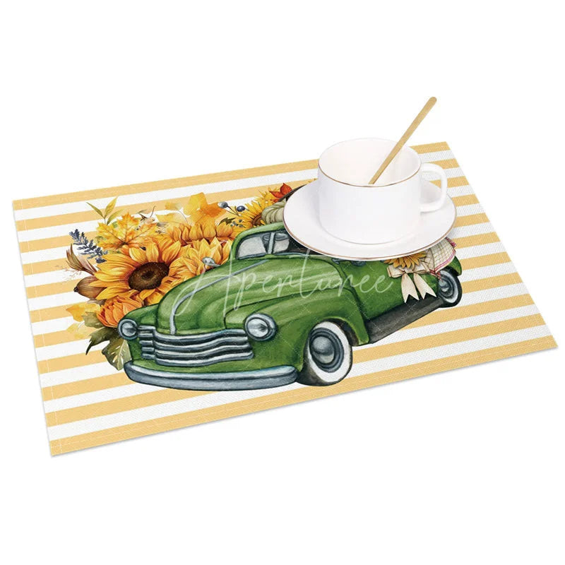 Aperturee - Aperturee Yellow Stripe Truck with Pumpkins Set of 4 Placemats for Fall Farmhouse and Autumn Harvest Decor
