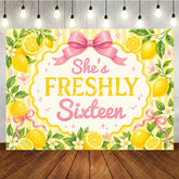 Aperturee - Aperturee Yellow Striped Lemon Freshly Sixteen Birthday Backdrop featuring Pink Bows and Flowers Sweet Sixteen Party Decor