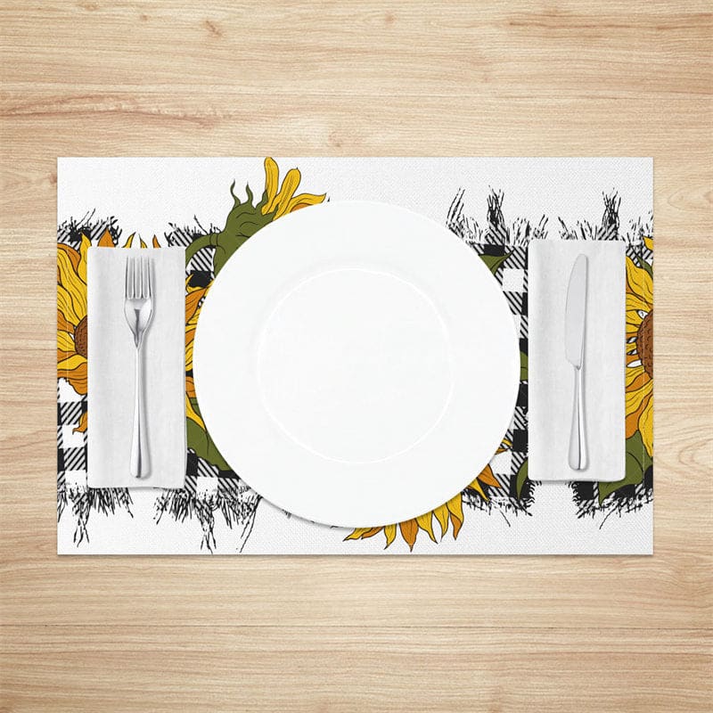 Aperturee - Aperturee Yellow Sunflower Black White Plaid Set Of 4 Placemats