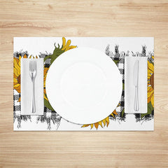 Aperturee - Aperturee Yellow Sunflower Black White Plaid Set Of 4 Placemats