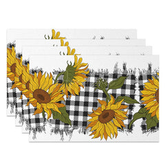 Aperturee - Aperturee Yellow Sunflower Black White Plaid Set Of 4 Placemats