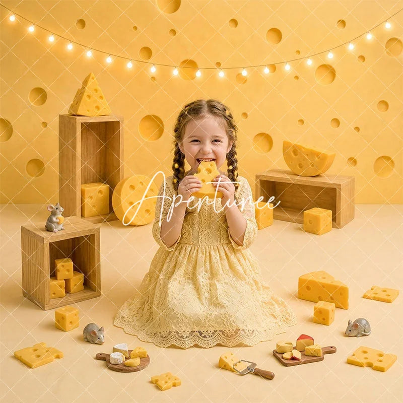 Aperturee - Aperturee Yellow Swiss Cheese and Wooden Crates Combo Set Backdrop Whimsical Kids Birthday Cake Smash Party Portrait Decor
