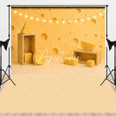 Aperturee - Aperturee Yellow Swiss Cheese and Wooden Crates Combo Set Backdrop Whimsical Kids Birthday Cake Smash Party Portrait Decor
