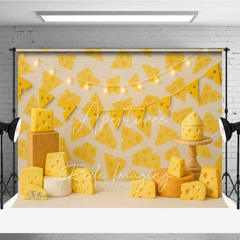 Aperturee - Aperturee Yellow Swiss Cheese Pattern Photo Backdrop Say Cheese Birthday Cake Smash Photography Background