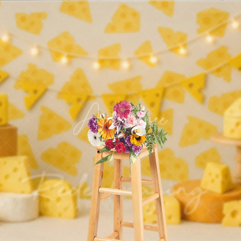 Aperturee - Aperturee Yellow Swiss Cheese Pattern Photo Backdrop Say Cheese Birthday Cake Smash Photography Background