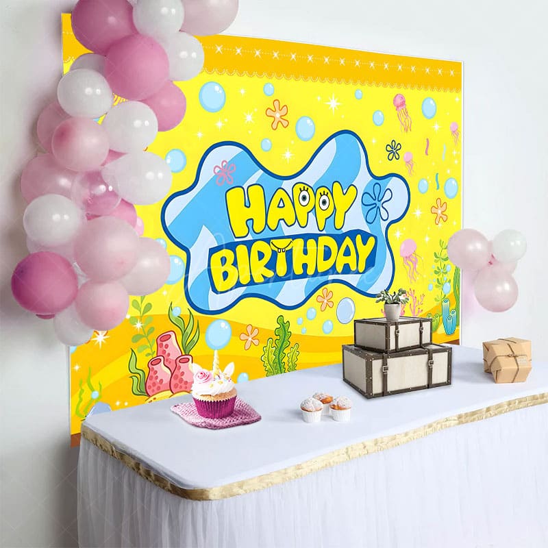Aperturee - Aperturee Yellow Undersea Sponge Bubbles Birthday Backdrop