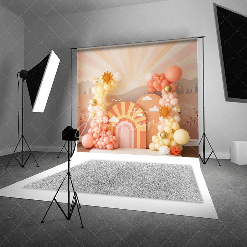 Aperturee - Aperturee You Are My Sunshine Backdrop Peach and Yellow Sun and Clouds Photography Background for First Birthday