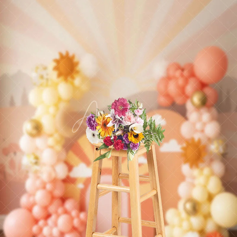 Aperturee - Aperturee You Are My Sunshine Backdrop Peach and Yellow Sun and Clouds Photography Background for First Birthday