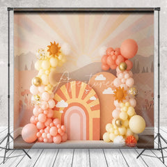 Aperturee - Aperturee You Are My Sunshine Backdrop Peach and Yellow Sun and Clouds Photography Background for First Birthday