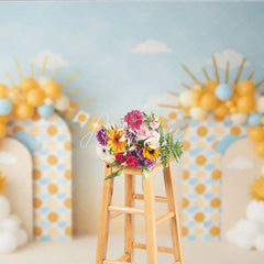 Aperturee - Aperturee You Are My Sunshine Birthday Backdrop Blue Sky and Yellow Sun Cake Smash Photography Background