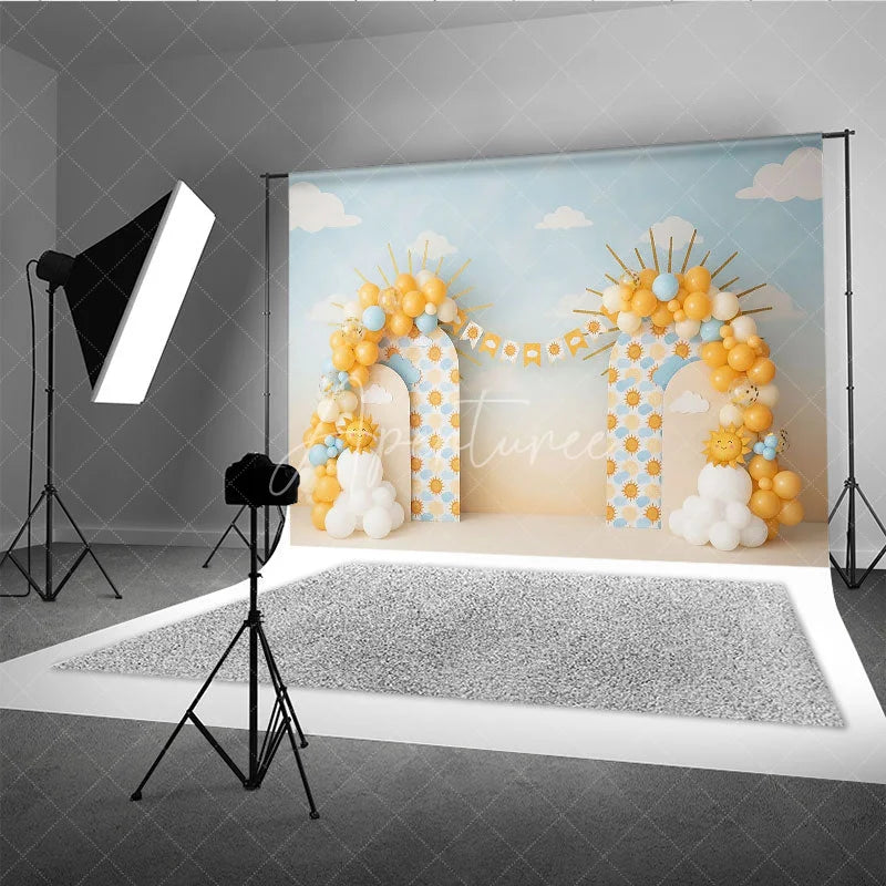Aperturee - Aperturee You Are My Sunshine Birthday Backdrop Blue Sky and Yellow Sun Cake Smash Photography Background