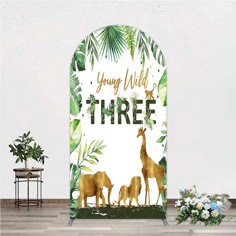 Aperturee - Aperturee Young Wild Three Arch Backdrop Safari Jungle Animals and Tropical Leaves Background 3rd Birthday Wild One Party Decor