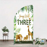 Aperturee - Aperturee Young Wild Three Half Moon Arch Backdrop Safari Jungle Animals and Tropical Leaves Background 3rd Birthday Wild