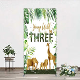 Aperturee - Aperturee Young Wild Three Rectangle Backdrop Safari Jungle Animals and Tropical Leaves Background 3rd Birthday Wild One Party
