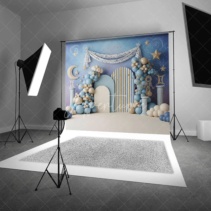 Aperturee - Aperturee Zodiac Gemini Birthday Backdrop Starry Night Sky and Roman Column Cake Smash Photography Background