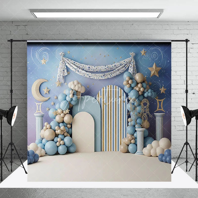 Aperturee - Aperturee Zodiac Gemini Birthday Backdrop Starry Night Sky and Roman Column Cake Smash Photography Background
