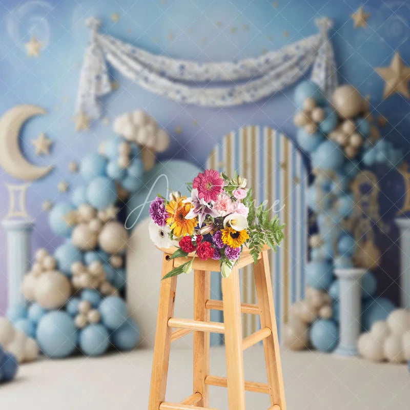 Aperturee - Aperturee Zodiac Gemini Birthday Backdrop Starry Night Sky and Roman Column Cake Smash Photography Background