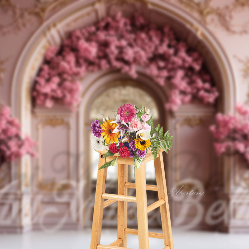 Aperturee - Arch Door Window Pink Flowers Photography Backdrop