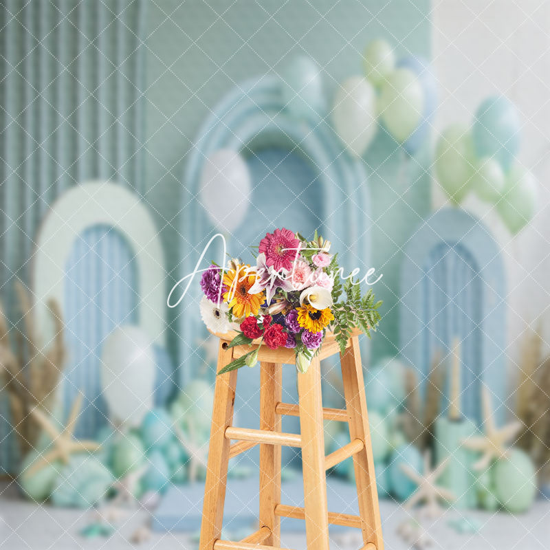 Aperturee - Arch Green Blue Balloon Summer Cake Smash Backdrop