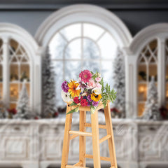 Aperturee - Arch Windows Cabinet Snow Tree Christmas Backdrop