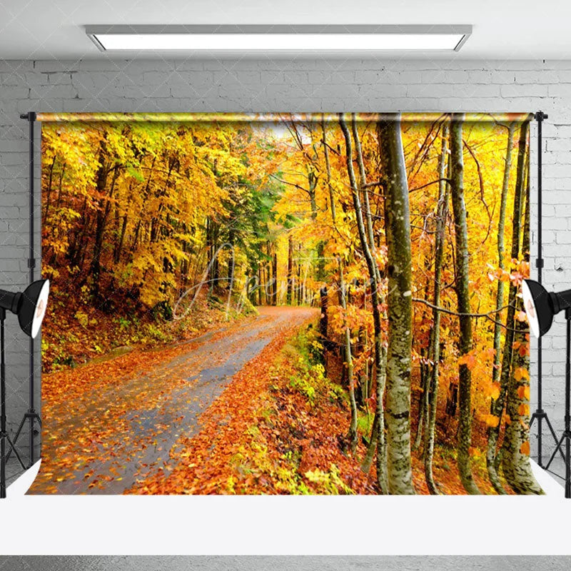 Aperturee - Autumn Forest Road Fallen Leaves Photography Backdrop
