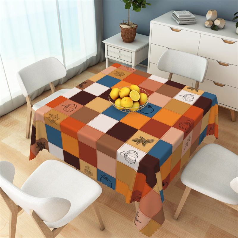 Aperturee - Autumn Leaves Pumpkin Colorful Plaid Tablecloth