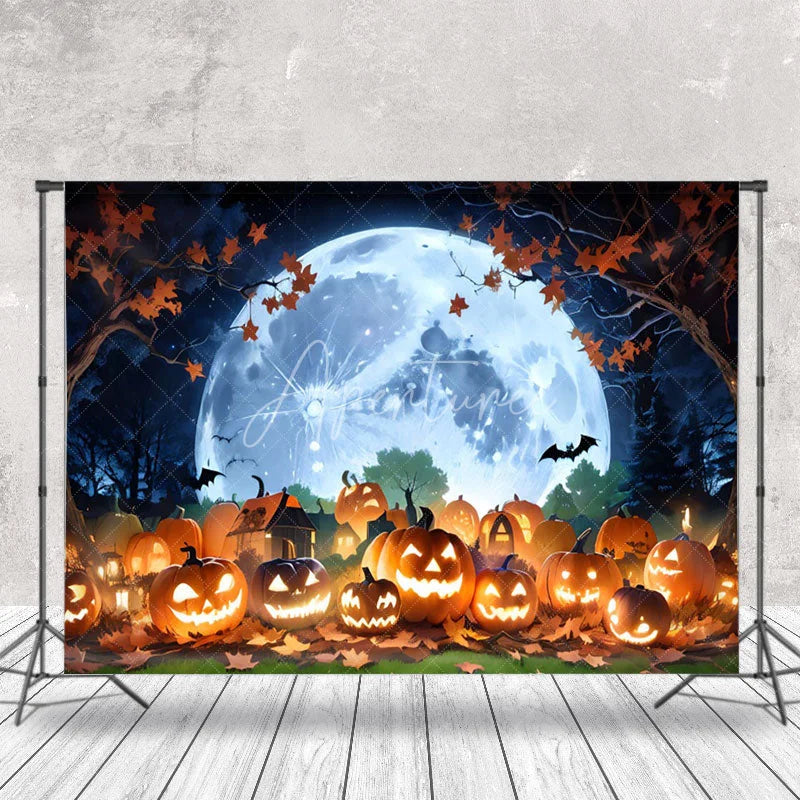 Aperturee - Autumn Leaves Pumpkin Moon Night Halloween Backdrop