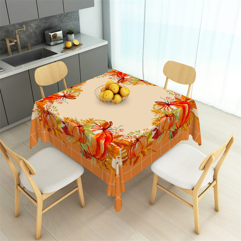 Aperturee - Autumn Leaves Pumpkin Yellow Plaid Square Tablecloth