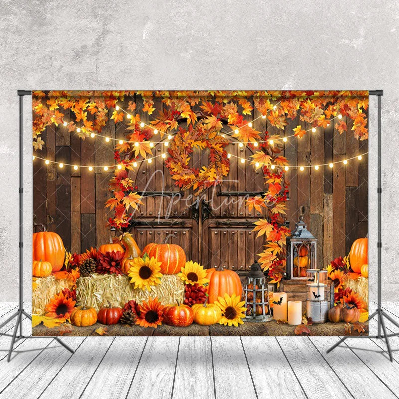 Aperturee - Autumn Pumpkin Wooden Door Maple Leaf Photo Backdrop