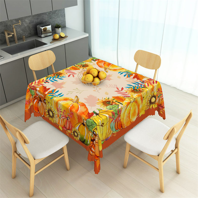 Aperturee - Autumn Sunflowers Pumpkin Leaves Square Tablecloth