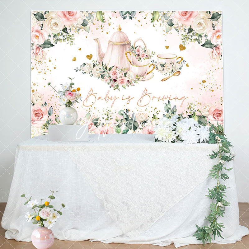 Aperturee - Baby Brewing Pink Floral Tea Cup Baby Shower Backdrop