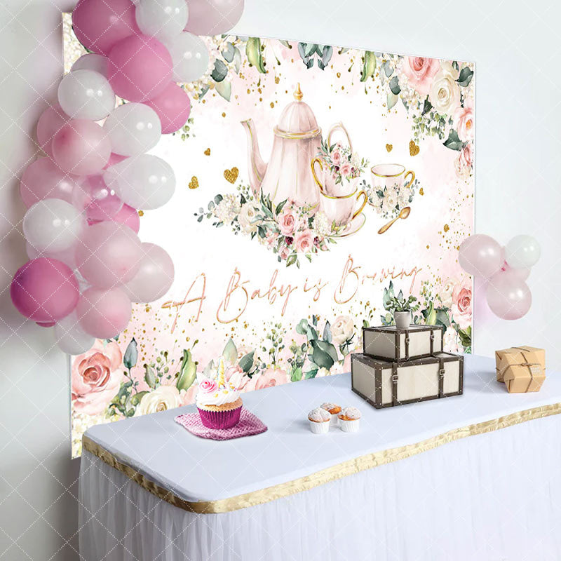 Aperturee - Baby Brewing Pink Floral Tea Cup Baby Shower Backdrop